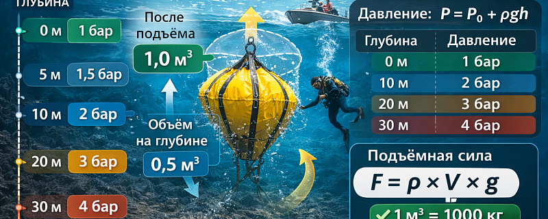 Калькулятор Объём воздуха и подъёмная сила на глубине
